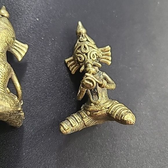 Set Of 2 Brass Miniature Musicians Wearing Elephant Mask - Picture 4 of 10